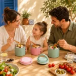 Famille à table avec des lunch box isotherme inox 1 L