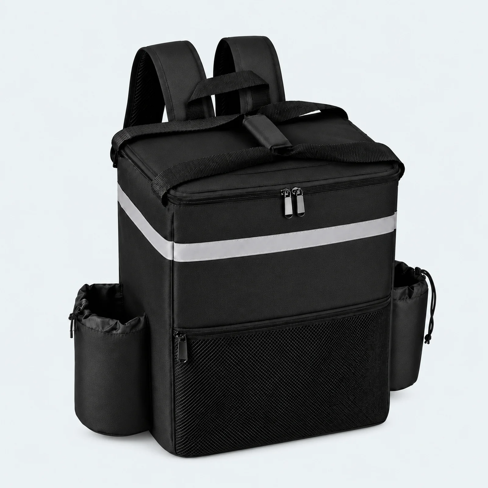 Sac à dos isotherme noir 30 L avec bande réfléchissante et porte-bouteilles latéraux