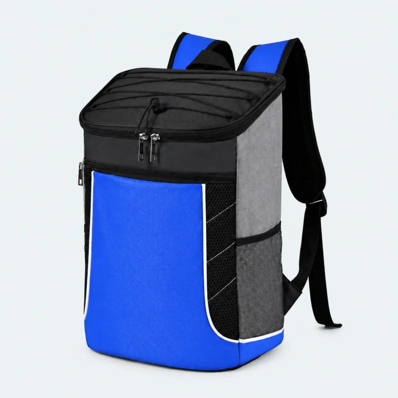 Sac à dos isotherme compact bleu, noir et gris avec poche filet latérale