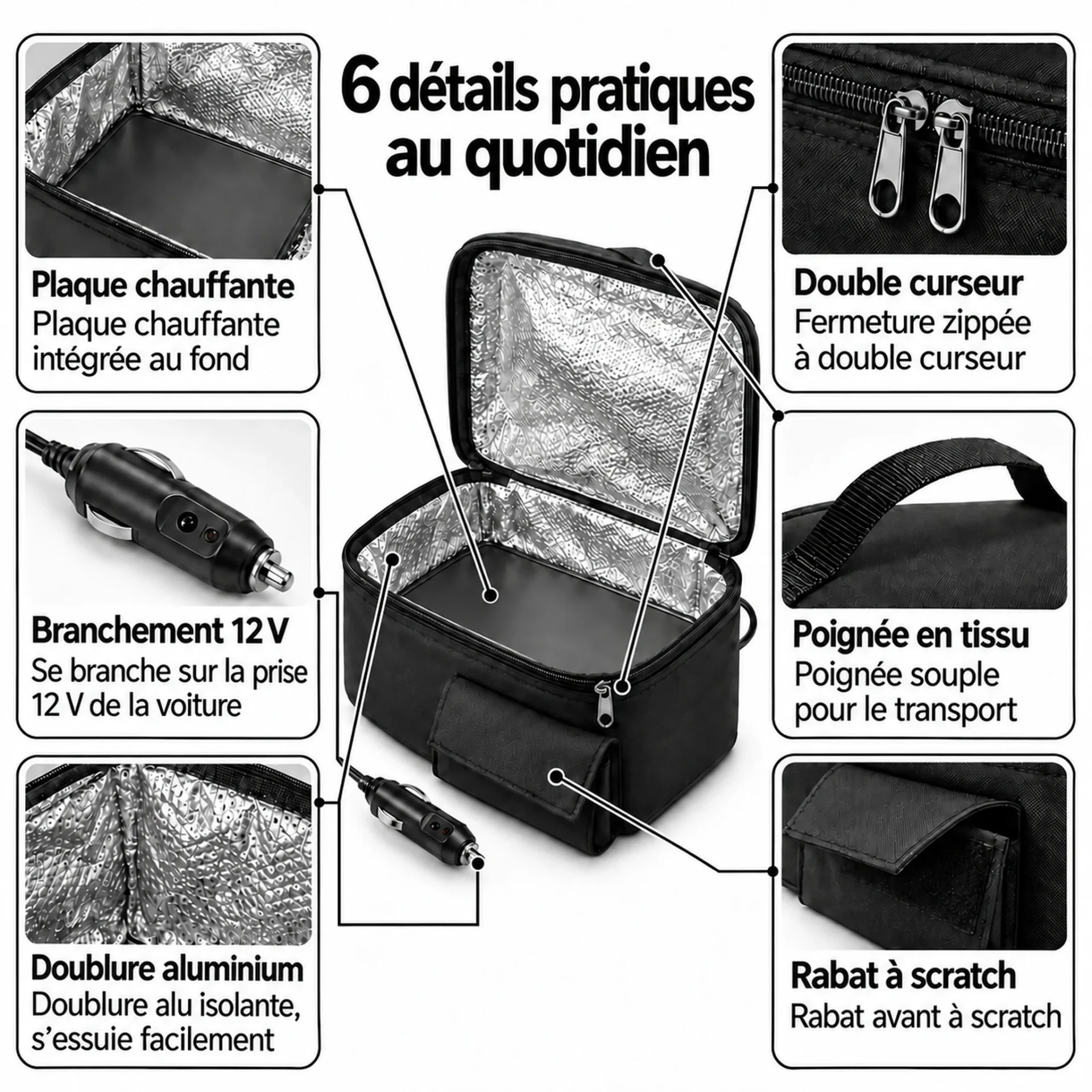 Planche des 6 détails du sac isotherme électrique 12 V : plaque chauffante, prise allume-cigare, doublure alu, double zip, poignée et rabat à scratch