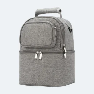 Sac isotherme lunch box gris à 2 compartiments zippés et poignée