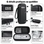 6 détails pratiques du sac isotherme médicaments : afficheur de température, coque rigide, doublure aluminium, filet, double zip et format compact
