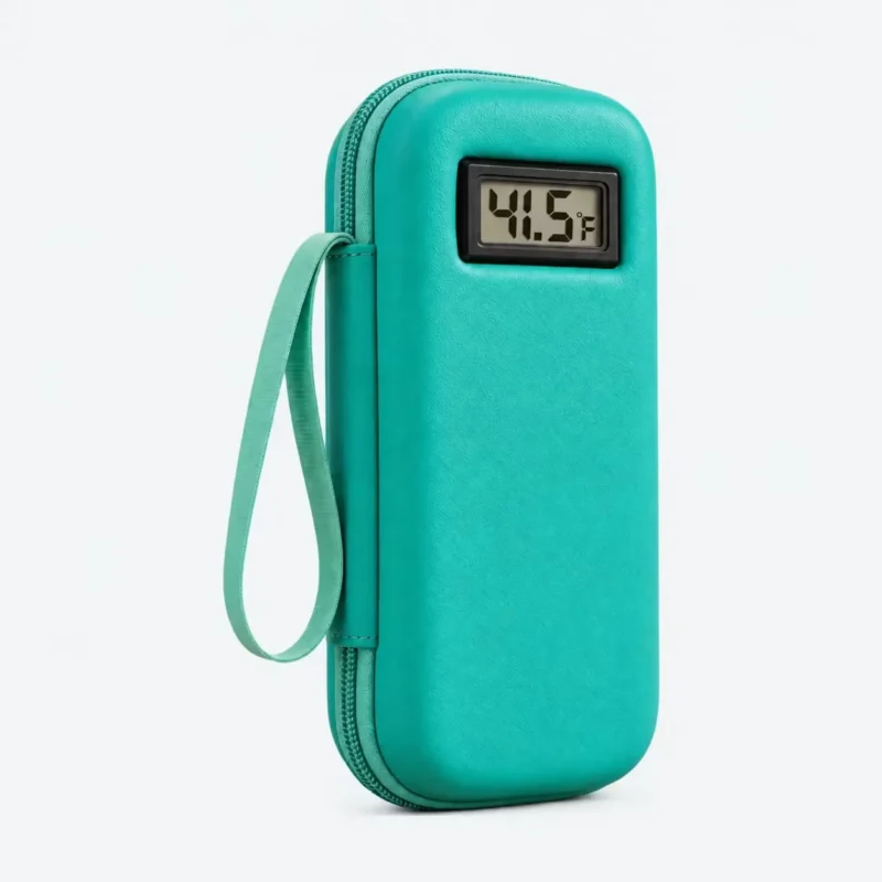 Sac isotherme médicaments turquoise, étui rigide avec afficheur de température et dragonne