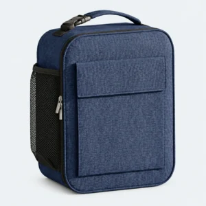 Sac lunch box isotherme bleu chiné avec poignée, poche avant et poche filet latérale