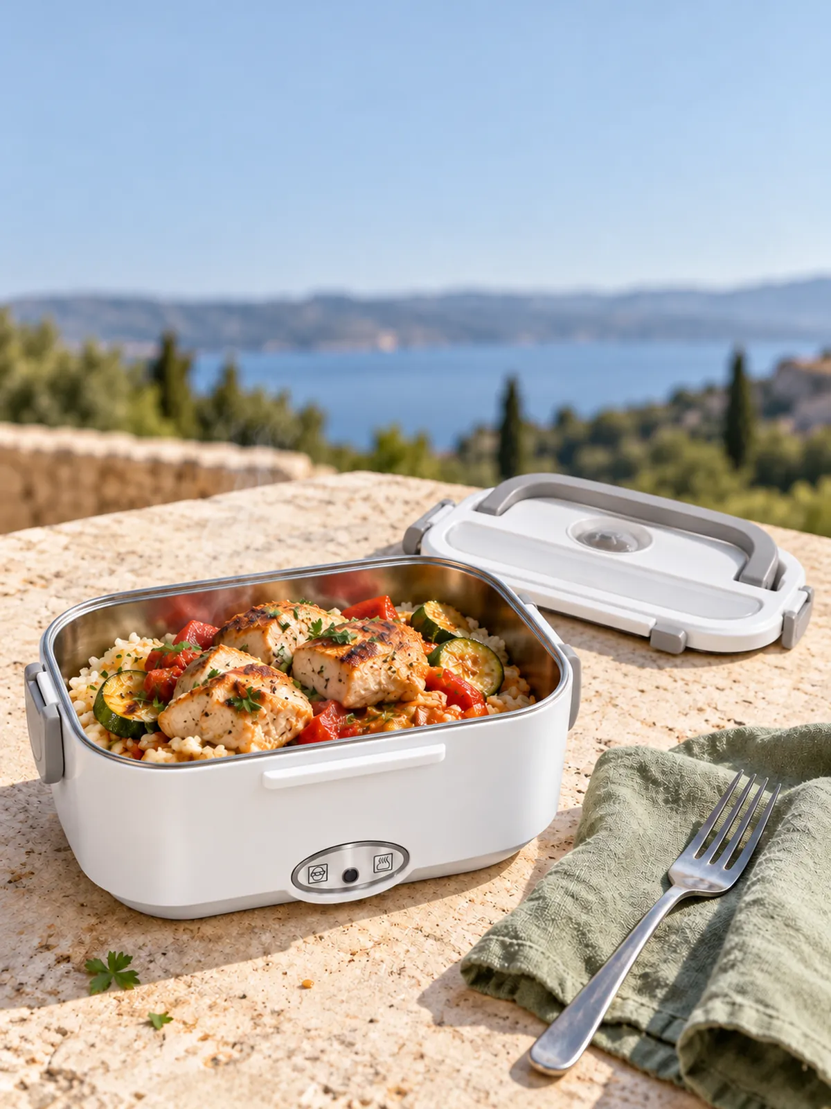 Lunch box chauffante électrique blanche ouverte avec un plat chaud fait maison sur une terrasse ensoleillée