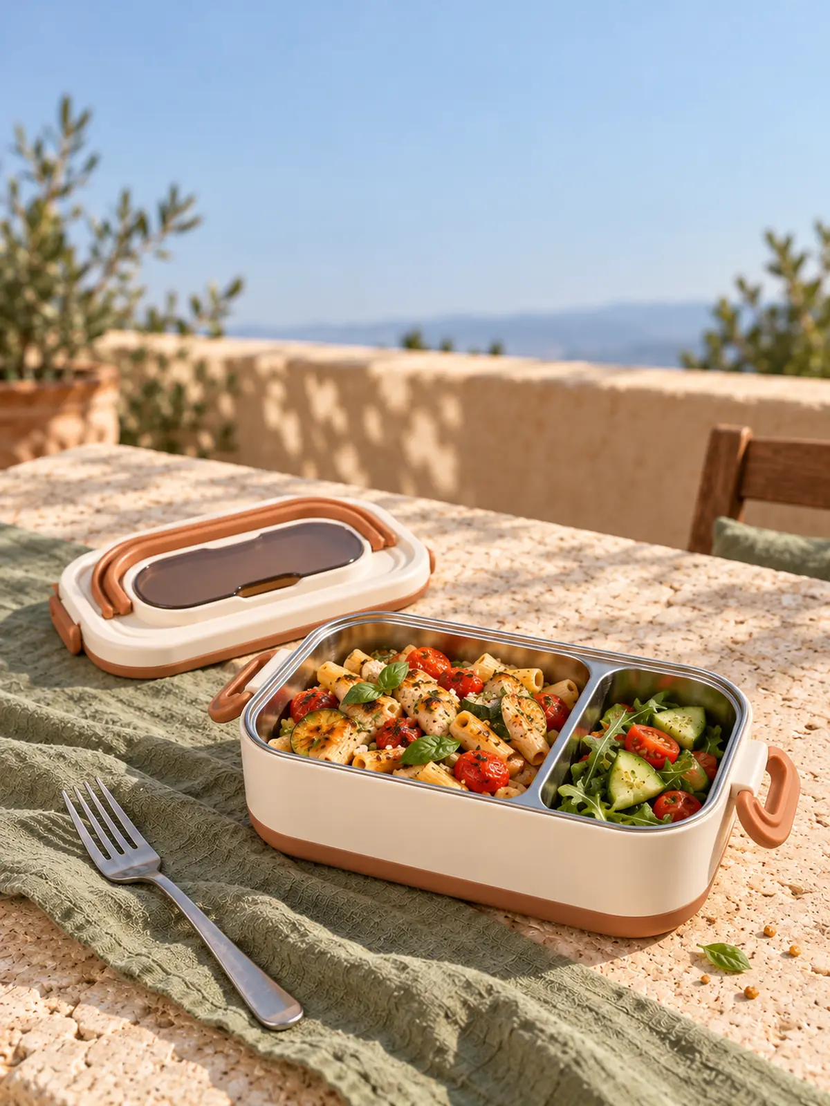 Lunch box inox blanche à 2 compartiments remplie de salade et de légumes sur une terrasse