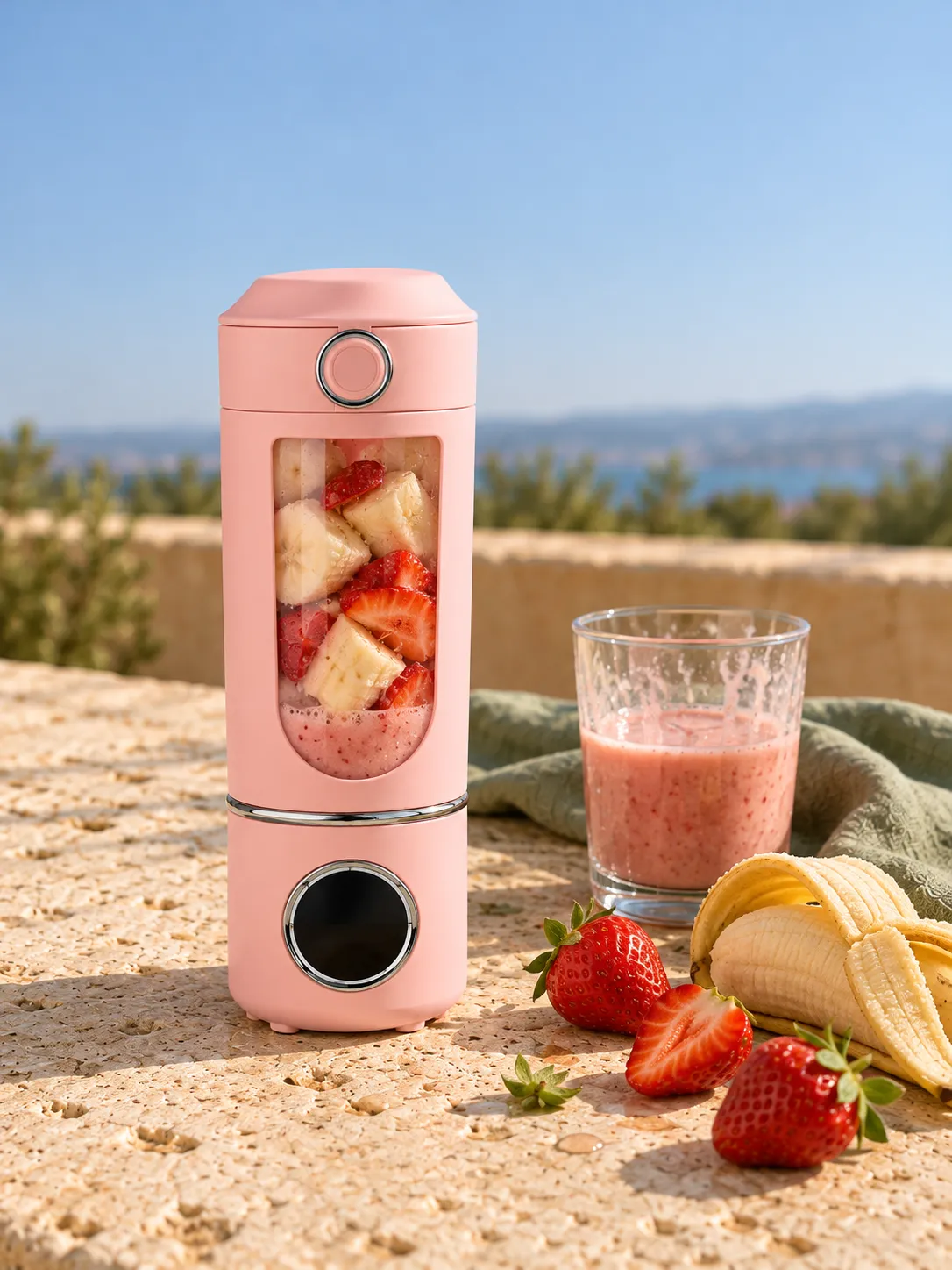 Mini blender portable rose rempli de fruits avec un smoothie et des fraises sur une terrasse
