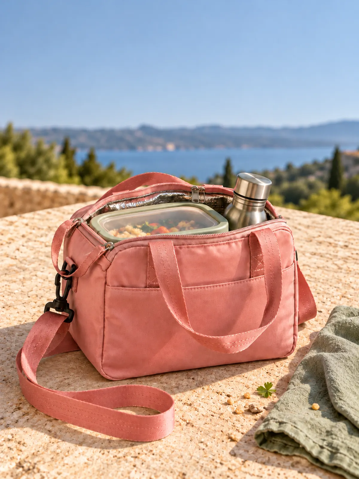 Sac isotherme repas rose avec lunch box et gourde inox posé sur une table en terrasse